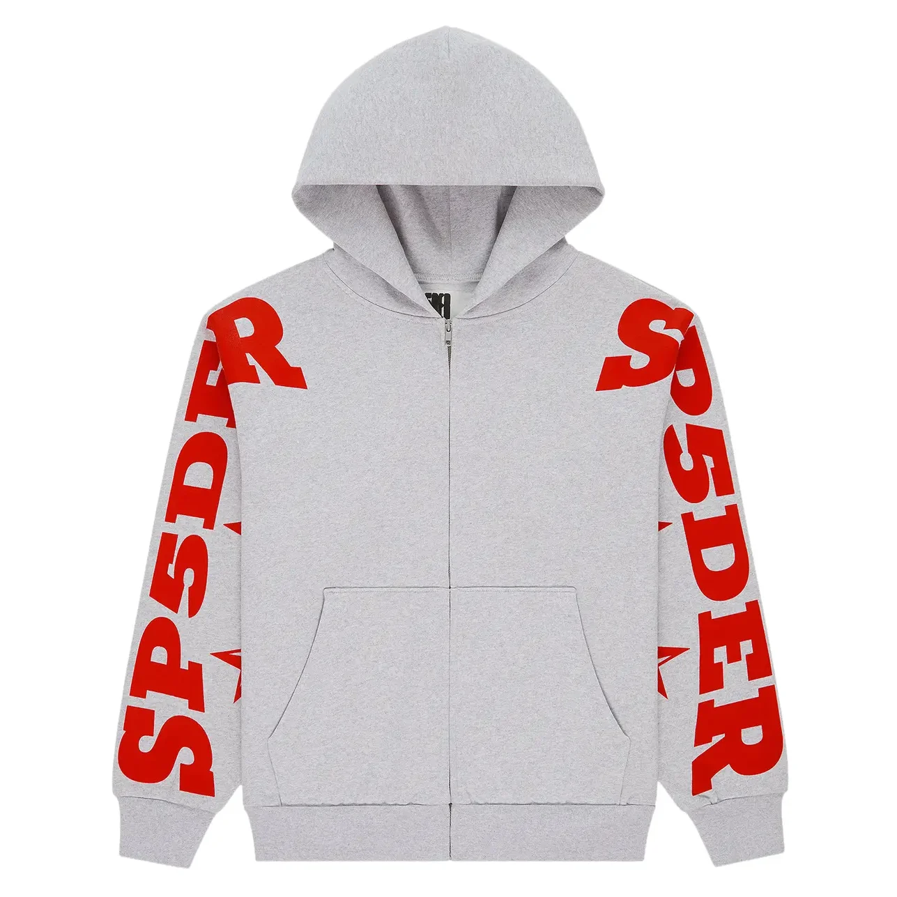 Sp5der-Logo-Sleeve-Zip-Hoodie-Grey-Red-1 Sp5der Logo Sleeve Zip Hoodie Grey Red - Image 1